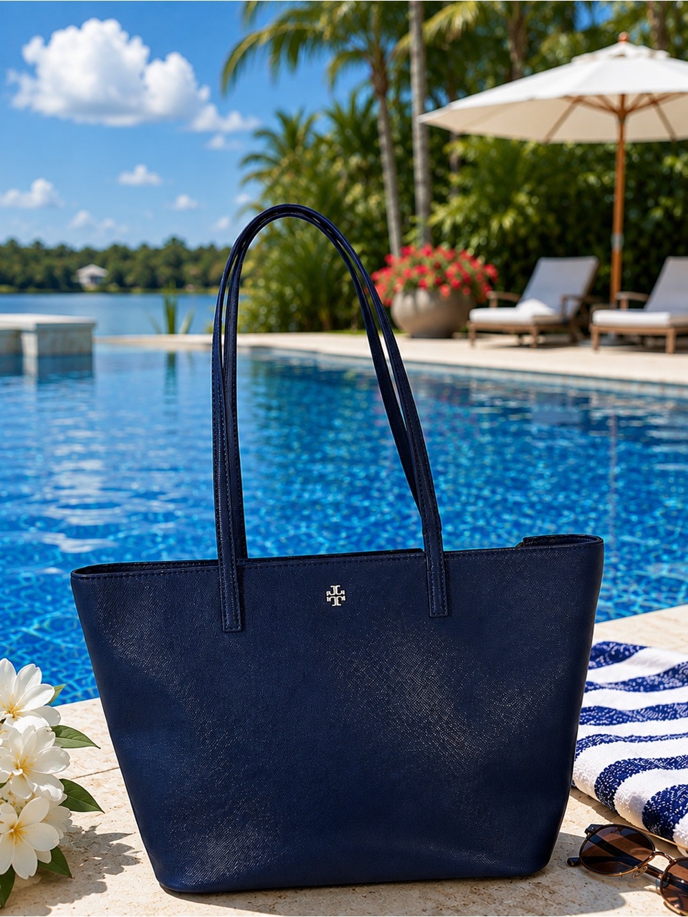 Tory Burch Navy Blue Saffiano Leather Tote NWOT